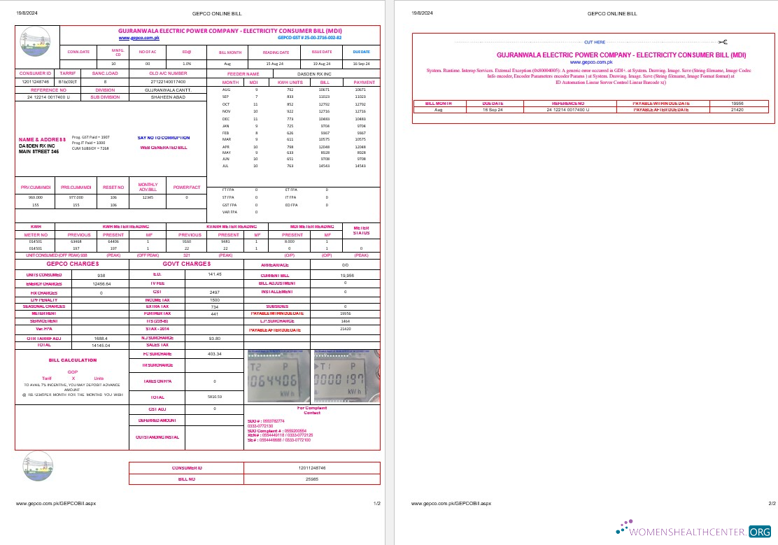 Pakistan Gujanwala electric power company electricity business utility bill Word and PDF formats, 2 pages